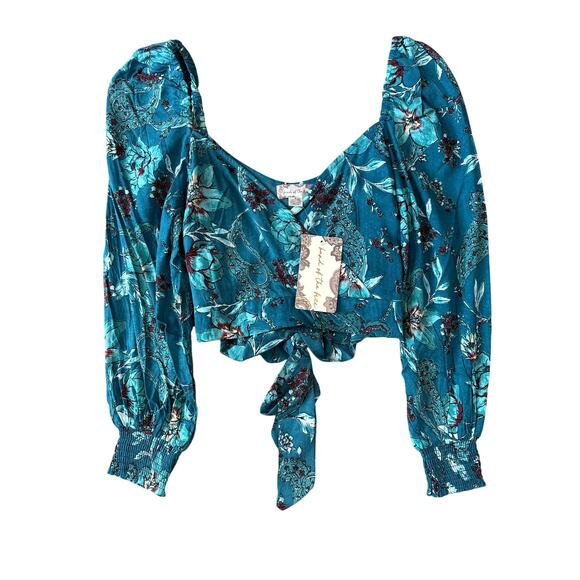 Band of the Free Sybille Teal Boho Floral Smocked Crossover Crop Top Casual L - Picture 2 of 5